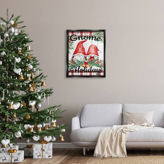 Stupell Industries Gnome For The Holidays Plaid Framed Floater Canvas Wall Art